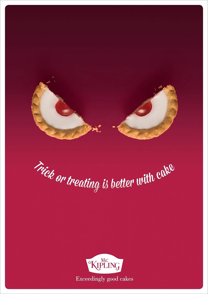 Halloween creative ad: Two halved iced cherry tarts forming menacing eyes
