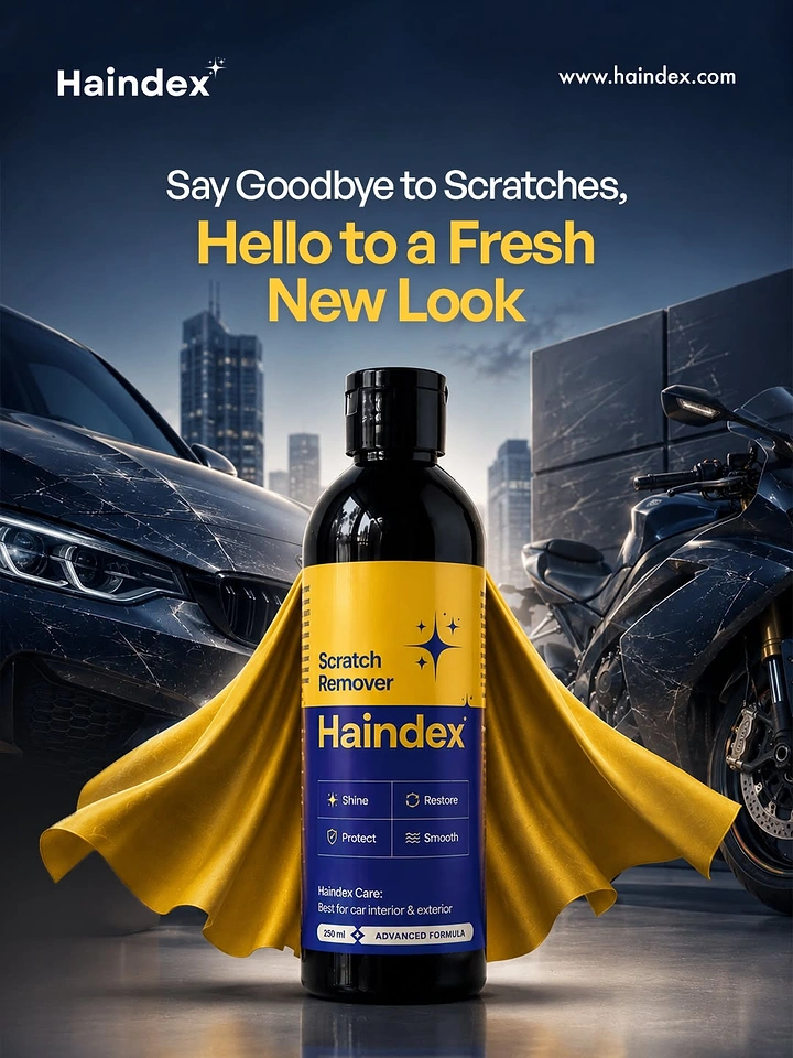 Car Wash & Detailing creative ad: Scratch remover bottle as caped superhero