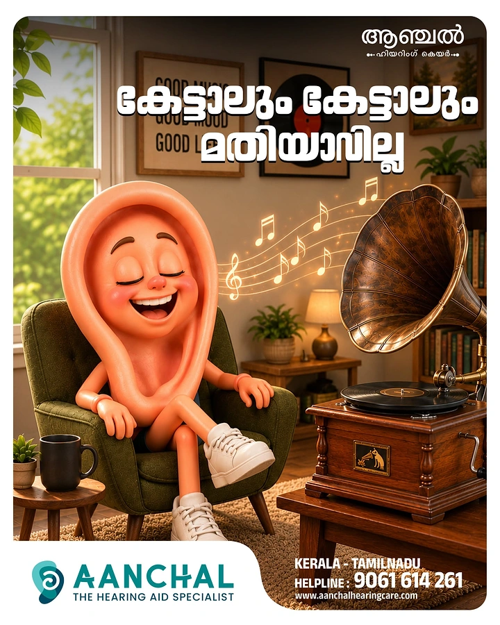 Hearing Aids creative ad: Ear character enjoying gramophone music