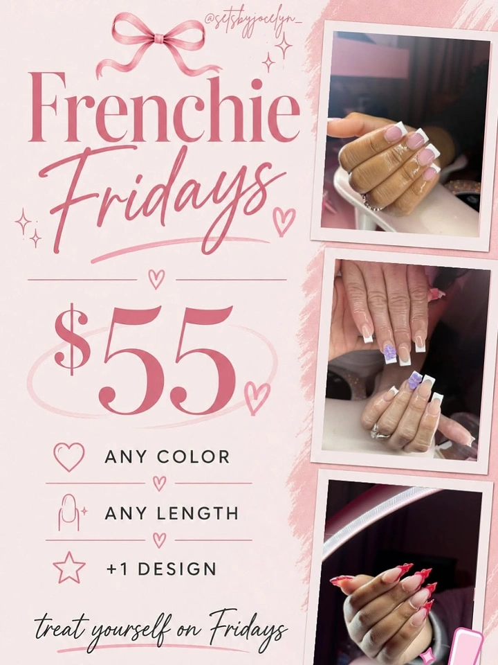Nail Salons creative ad: Frenchie Fridays pun, coquette pricing offer