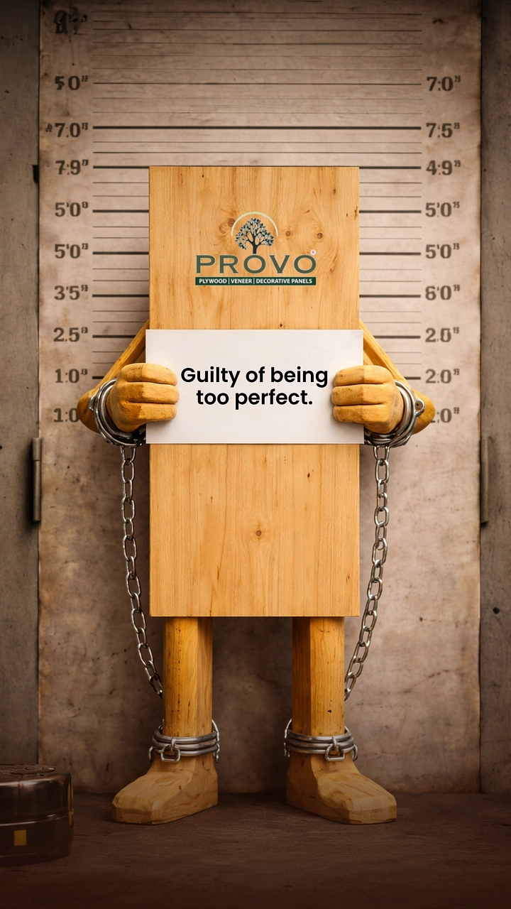Construction creative ad: Plywood-board character in handcuffs posing for a mugshot