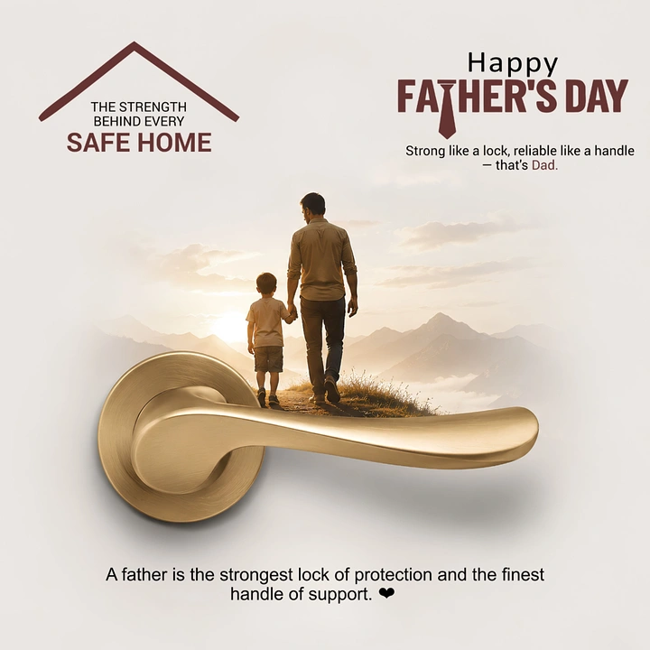 Father's Day creative ad: Brushed-gold door lever with father and son walking along it into a misty sunrise