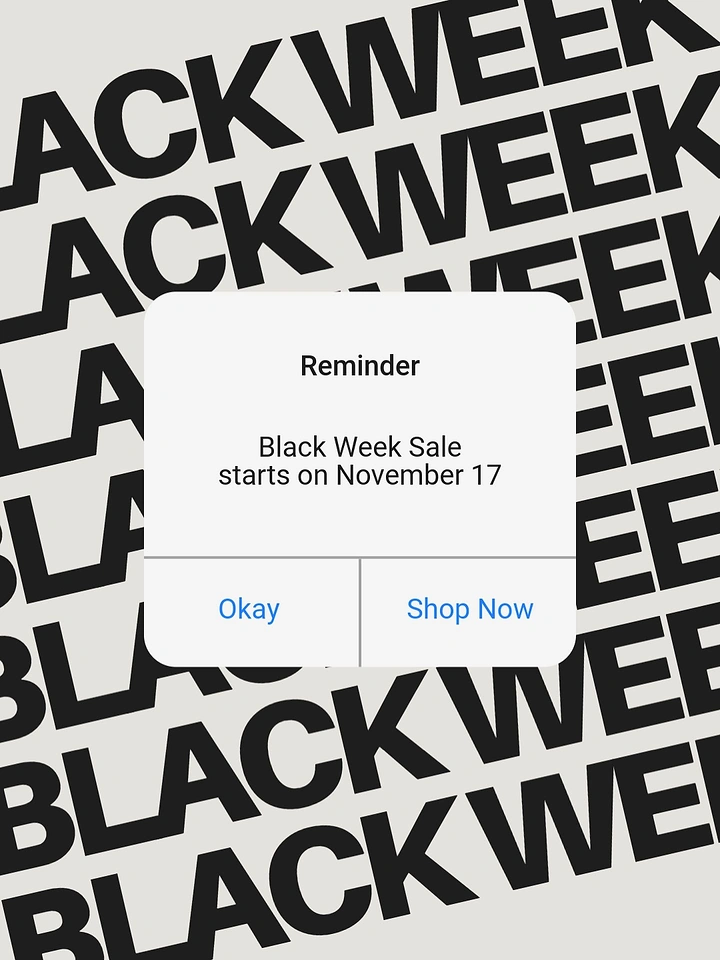 Black Friday creative ad: Phone-style reminder pop-up over repeated type