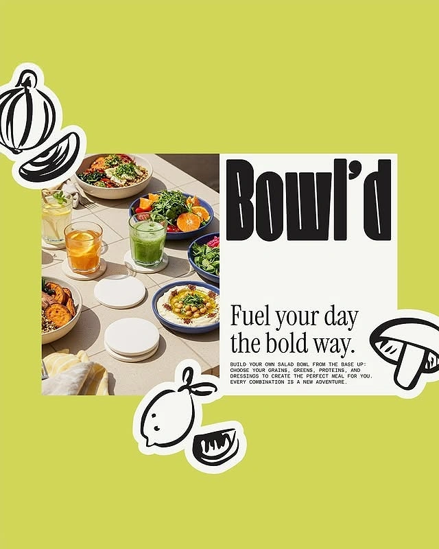 Salad Bars & Healthy Restaurants creative ad: Bold bowl-day collage and copy