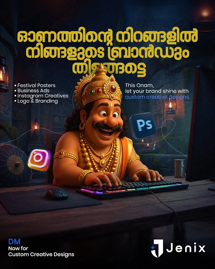 Onam creative ad: 3D cartoon Mahabali happily typing at a computer