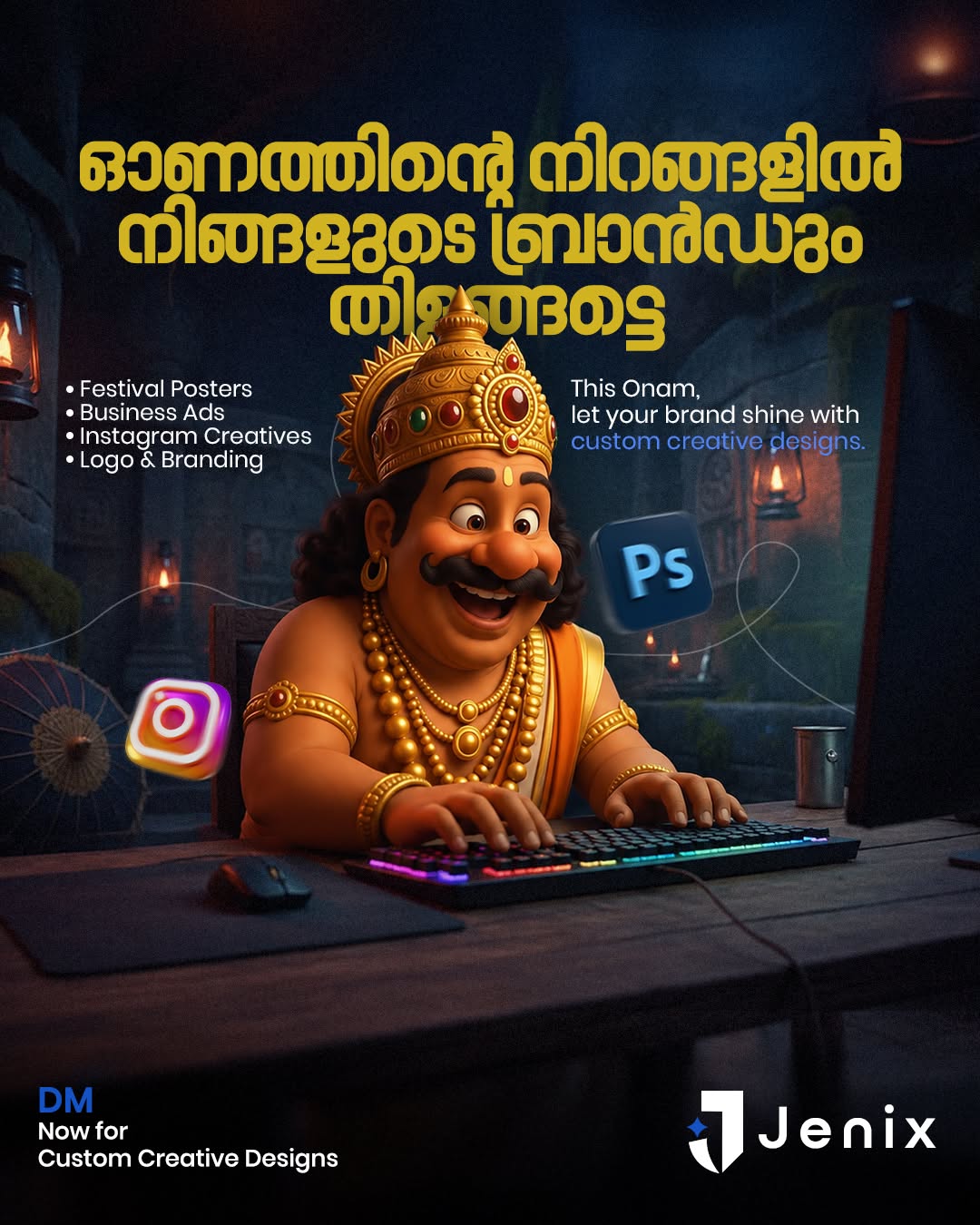3D cartoon Mahabali happily typing at a computer