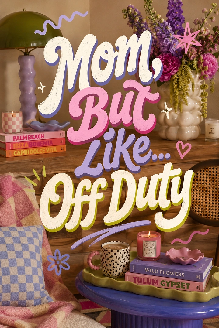 Mother's Day creative ad: Pastel living-room vignette with candles, books and flowers under big script lettering