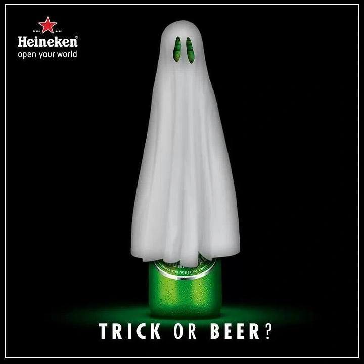 Halloween creative ad: Beer bottle dressed as a white sheet ghost