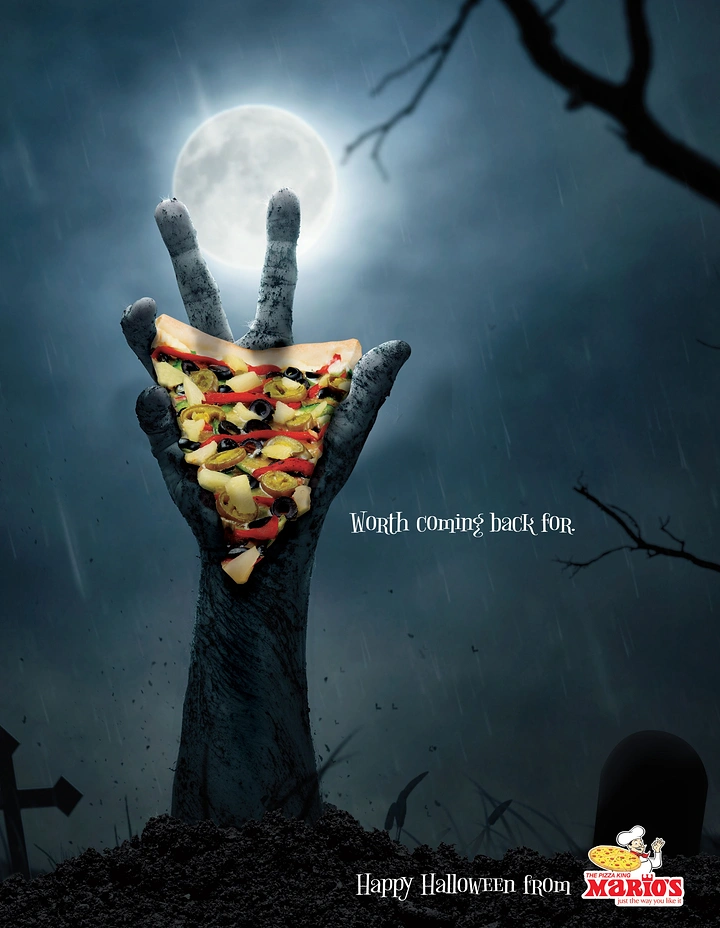 Halloween creative ad: Zombie hand rising from grave holding pizza slice