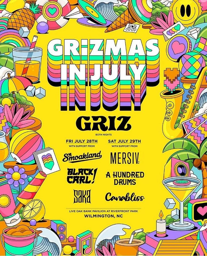 Christmas creative ad: Dense cartoon summer-party collage framing a yellow centre panel