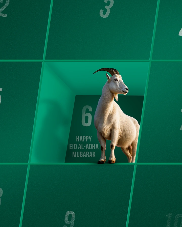 Eid creative ad: White goat stepping out of a recessed calendar date tile