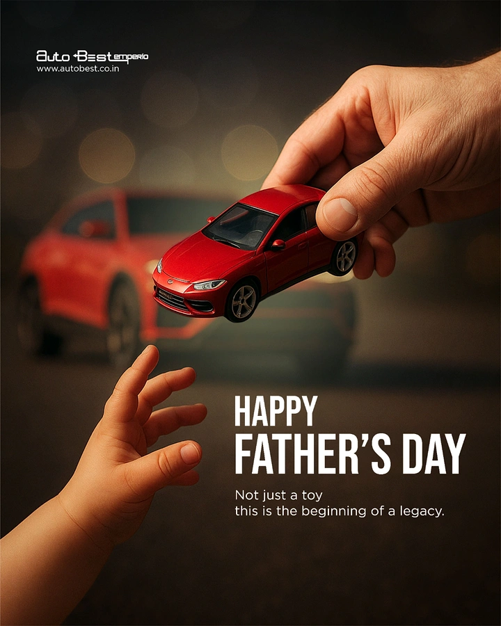 Father's Day creative ad: Father's hand passing a red toy car to a baby's hand