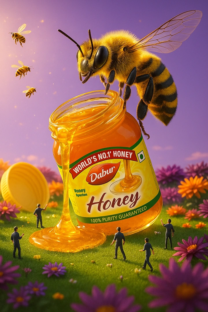 Honey Brands creative ad: Surreal giant bee product fantasy