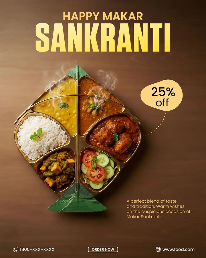 Makar Sankranti creative ad: Kite-shaped thali with Indian dishes