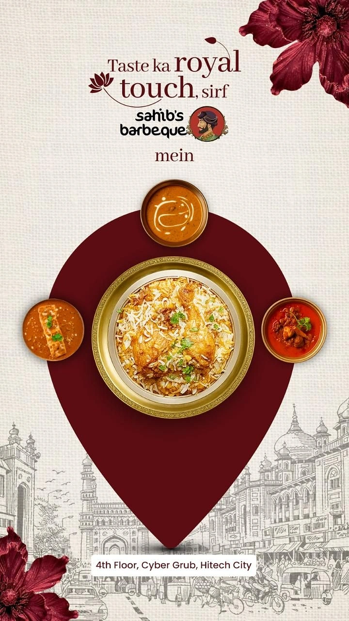 Indian Restaurants creative ad: Royal location-pin composition around biryani