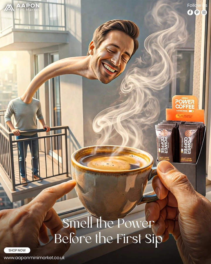 Grocery Stores & Supermarkets creative ad: Man on a balcony stretching his neck to smell a steaming coffee cup