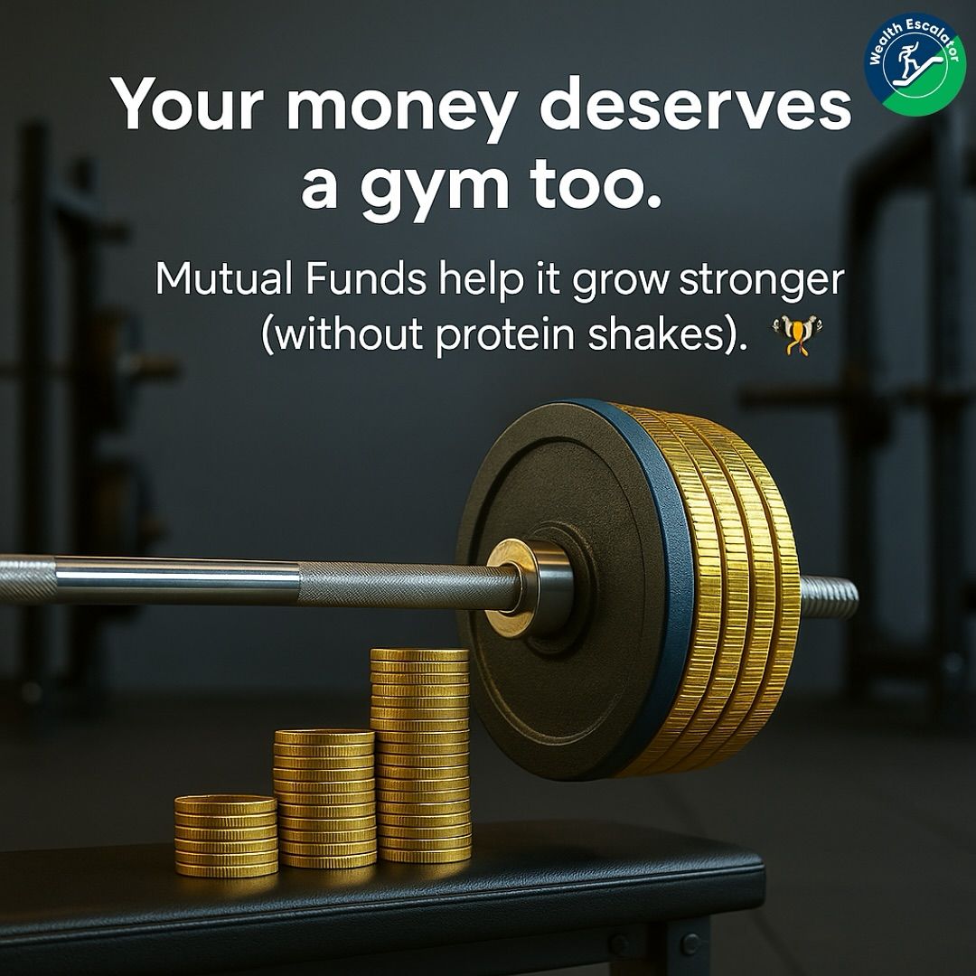 Instagram post: Barbell loaded with gold coin plates beside rising coin stacks
