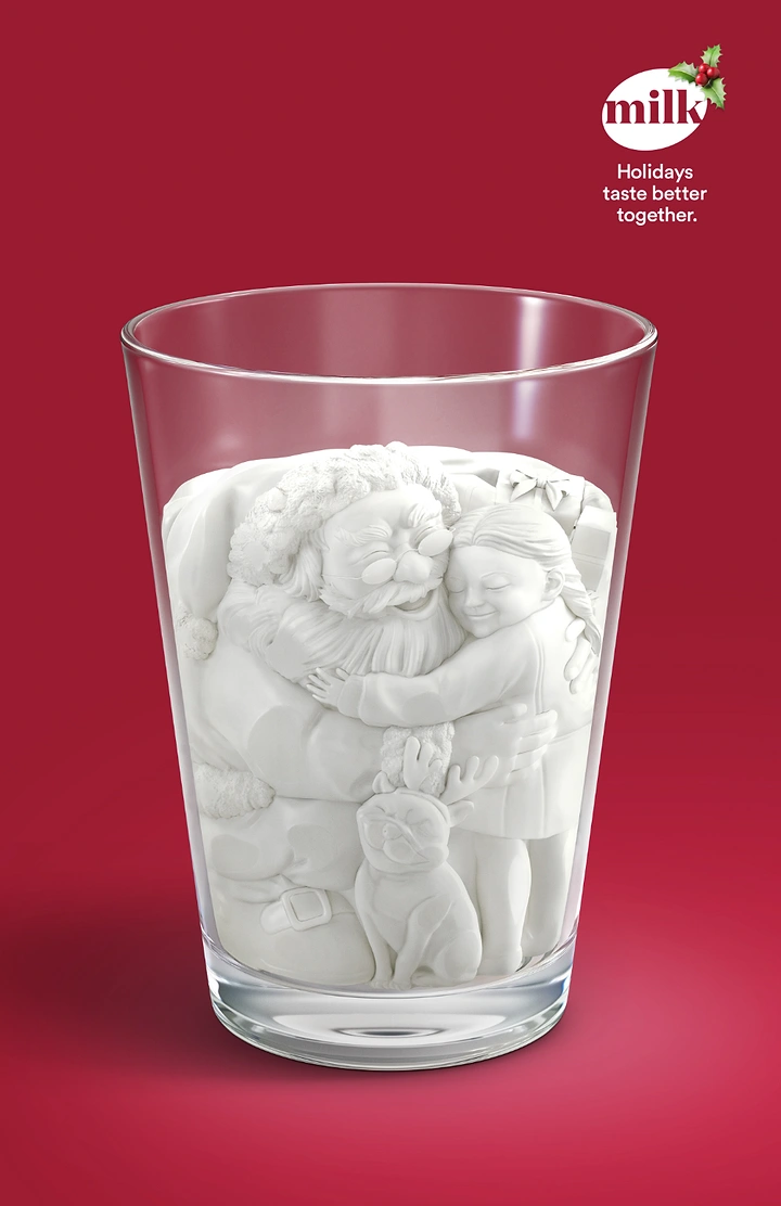 Dairy Brands creative ad: Family hug sculpted in milk glass