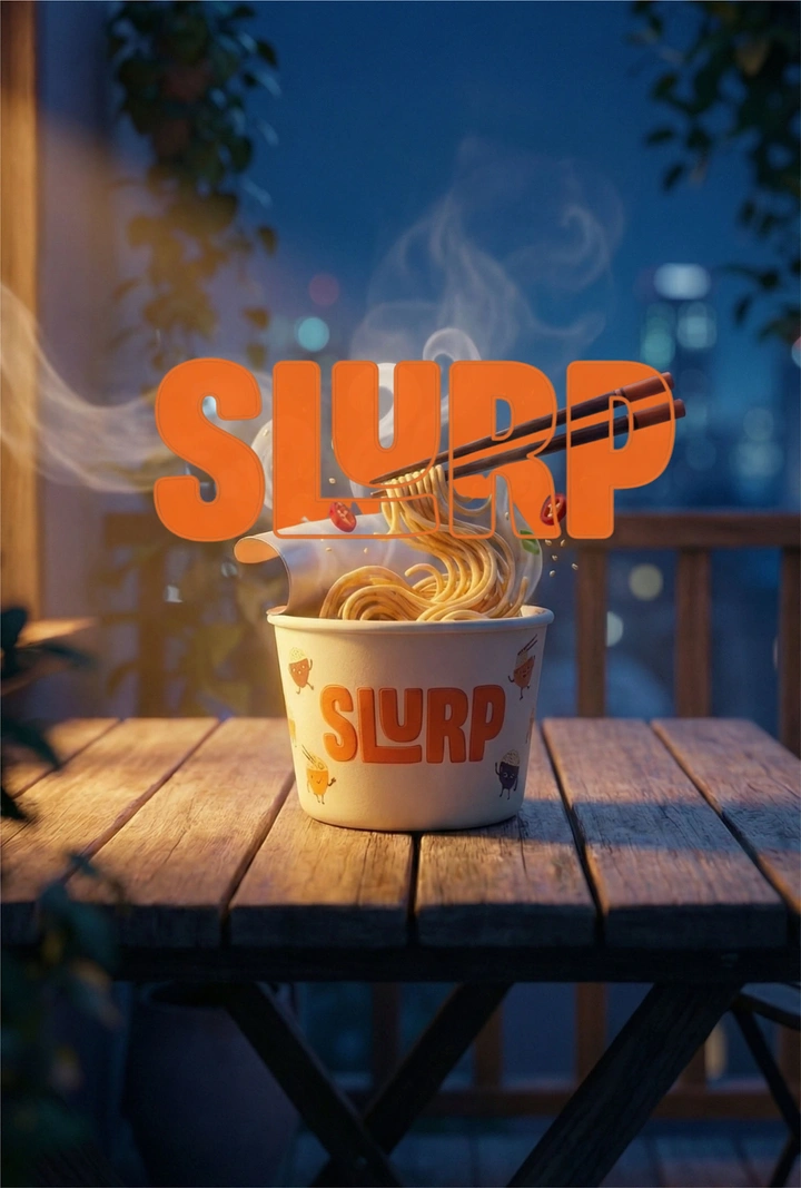 Instant Noodles & Pasta Brands creative ad: Atmospheric slurp typography frames steaming cup