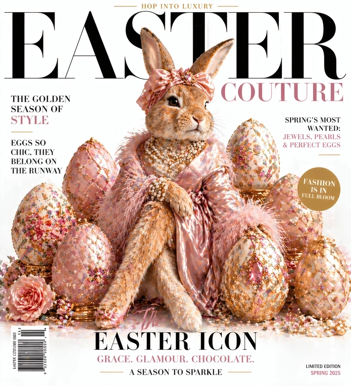 Easter creative ad: Couture-dressed bunny in pearls and a pink satin robe among jewelled eggs