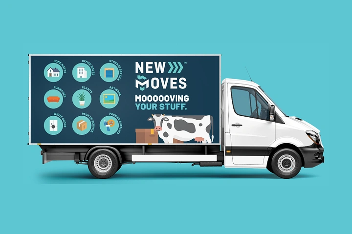 Movers & Packers creative ad: Cow-print van wrap with 'Moooving' pun