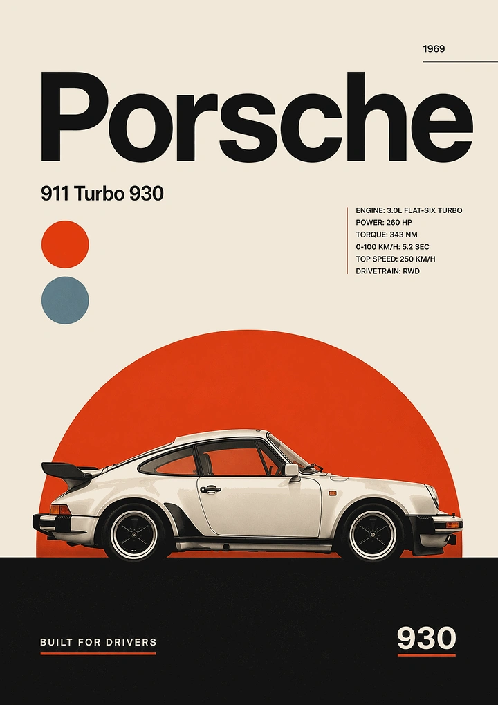 Creative ad: White classic sports coupe in side profile before a large red-orange sun disc