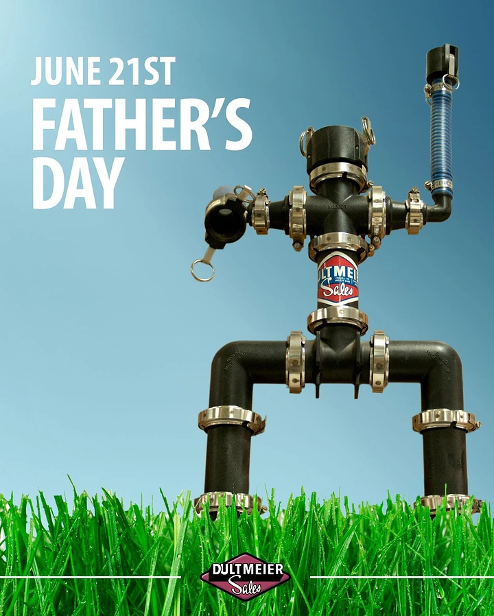 Father's Day creative ad: Figure built from black pipe fittings and clamps standing on grass