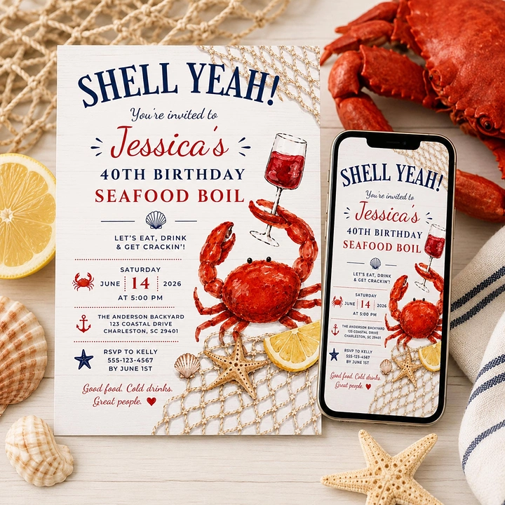 Seafood Restaurants creative ad: Shell Yeah crab birthday invitation pun
