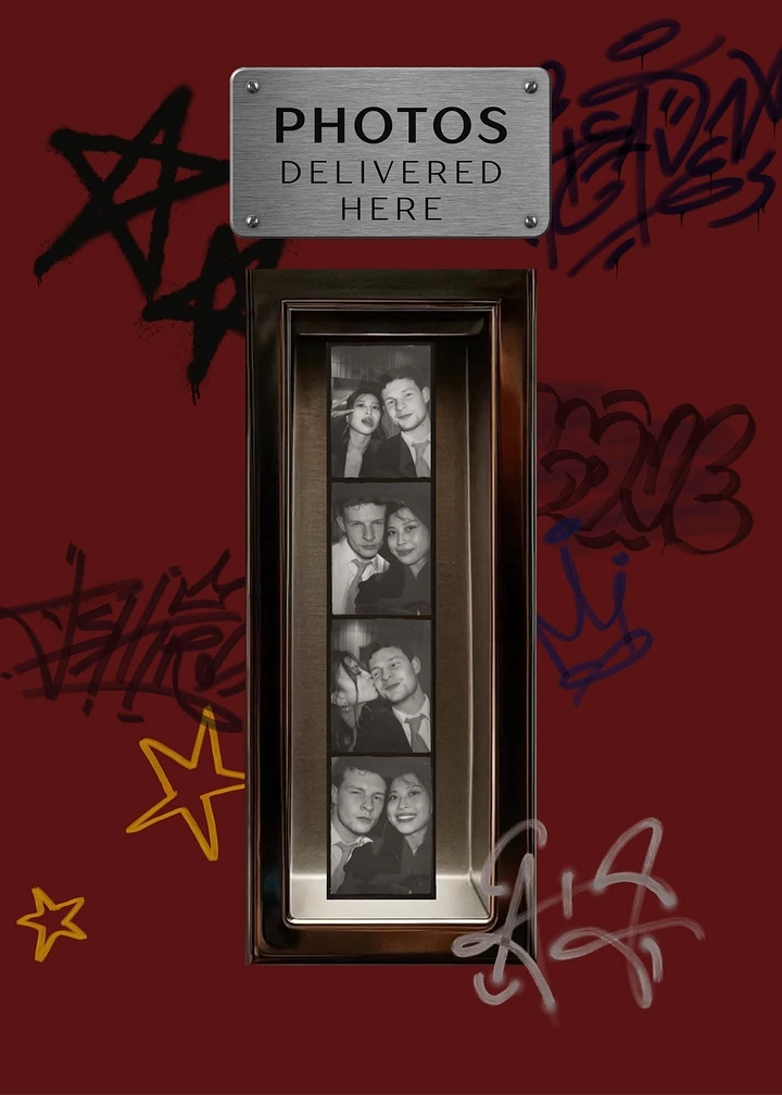 Photo Booth Rentals creative ad: Photos delivered here sign creates product metaphor