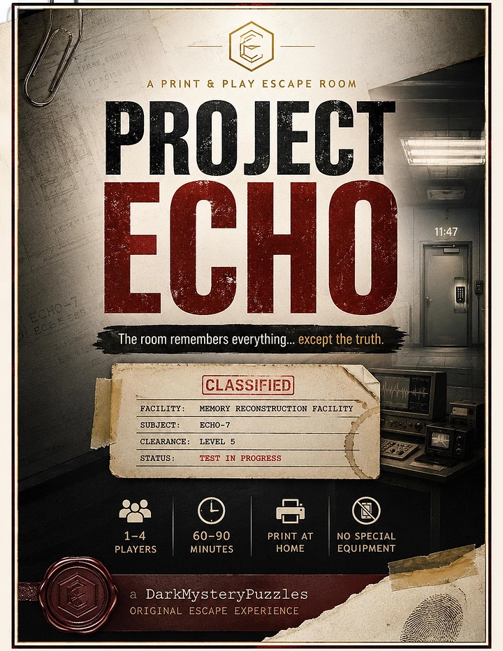 Escape Rooms creative ad: Distressed title over a dim lab corridor with classified dossier
