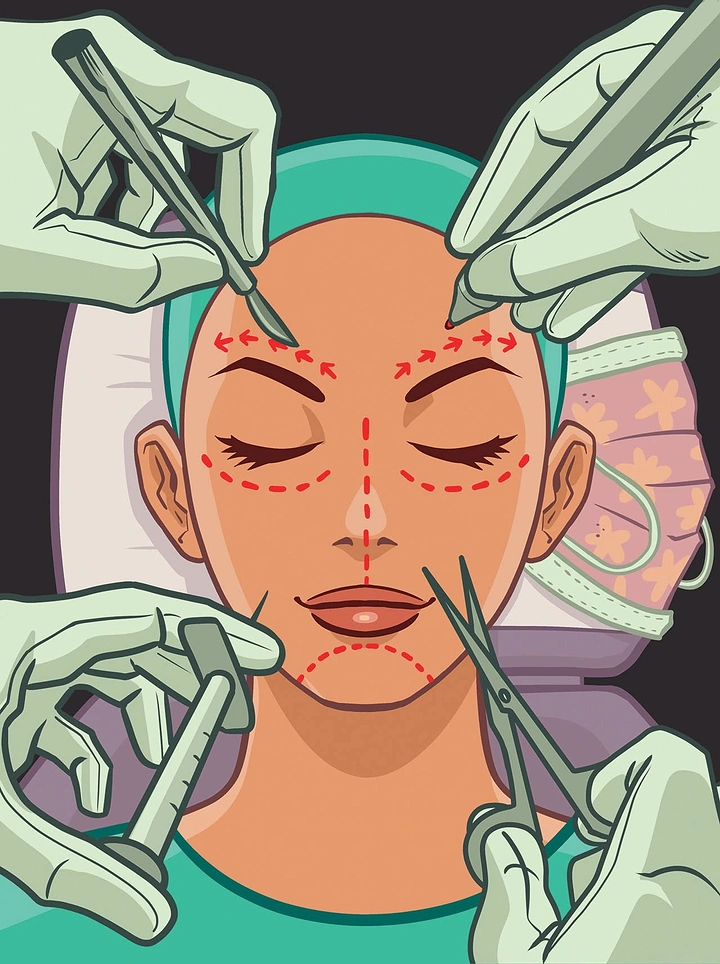 Plastic Surgery Clinics creative ad: Playful many-hands facelift illustration