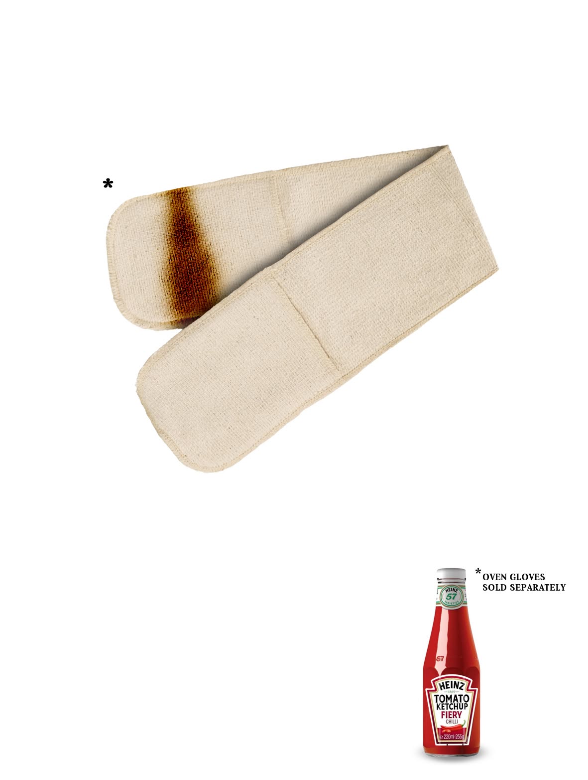Poster: Scorched oven gloves above a chilli ketchup bottle