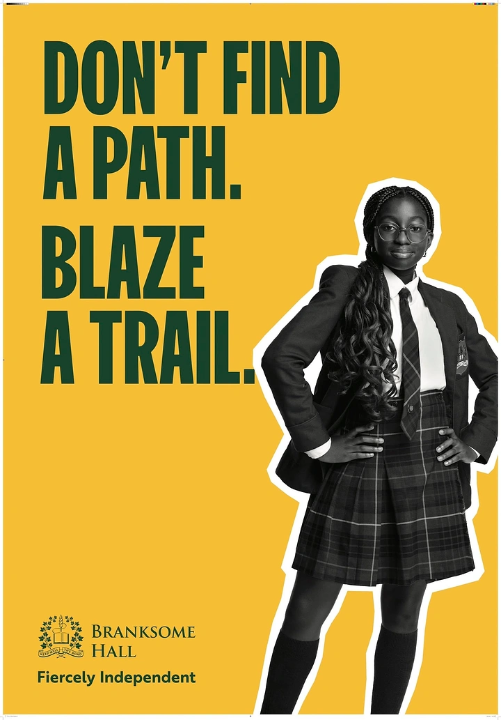 Creative ad: Black-and-white cut-out of a confident schoolgirl, hands on hips