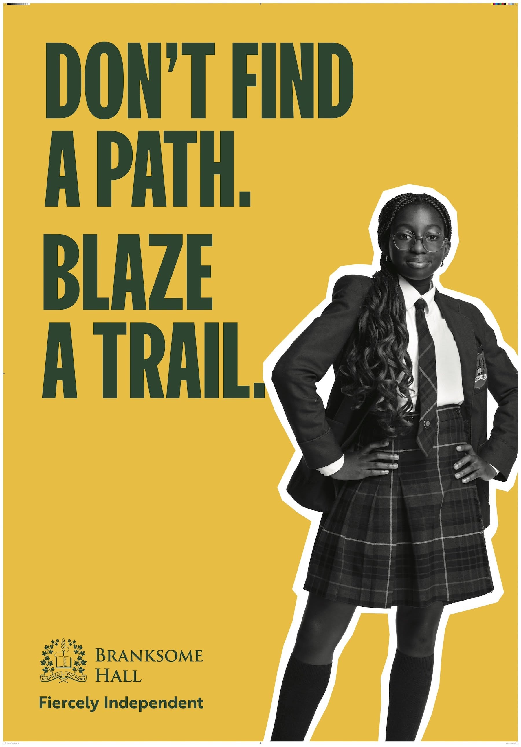 Poster: Black-and-white cut-out of a confident schoolgirl, hands on hips
