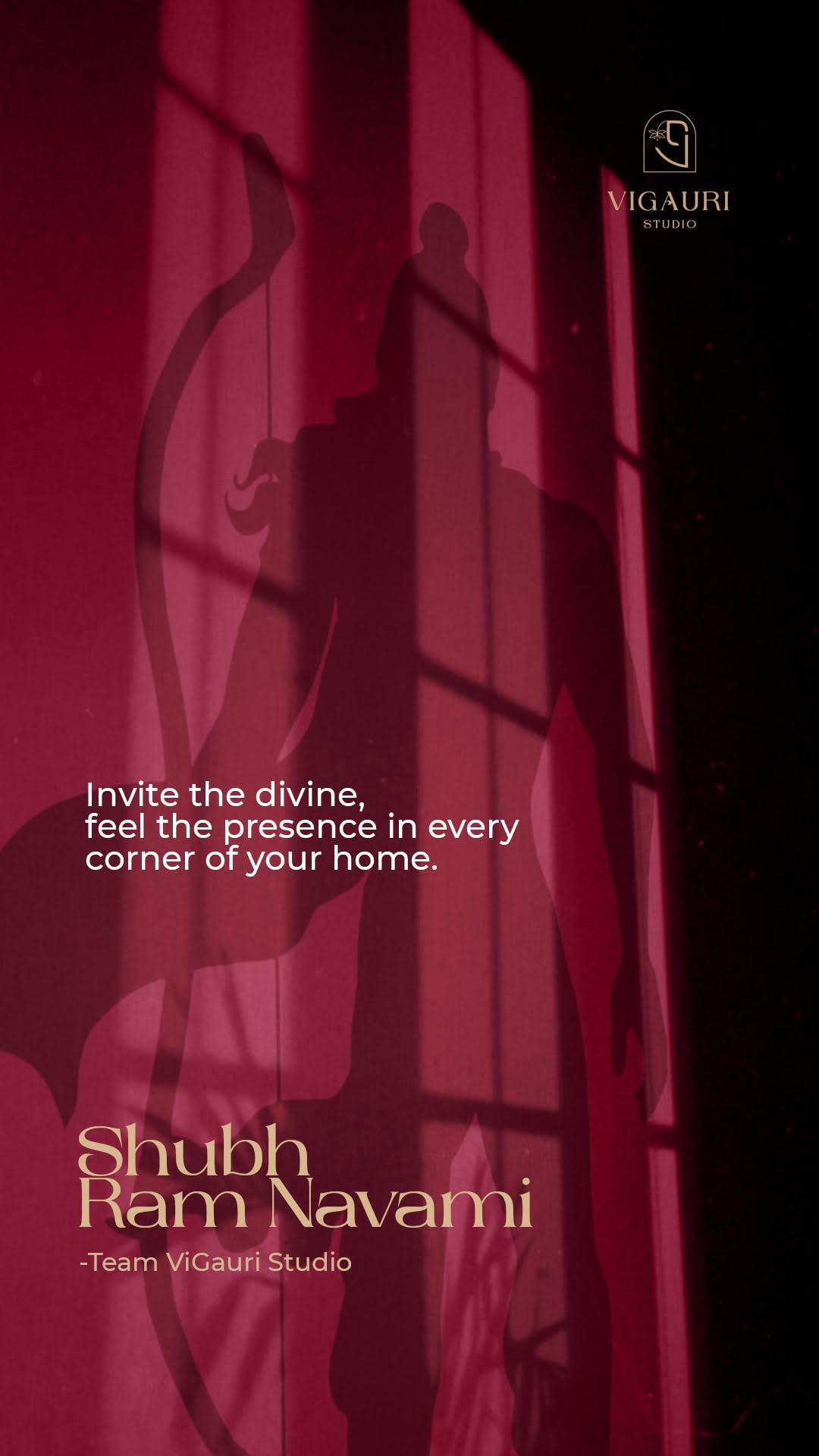 Shadow of an archer deity silhouette cast on a crimson wall with window light