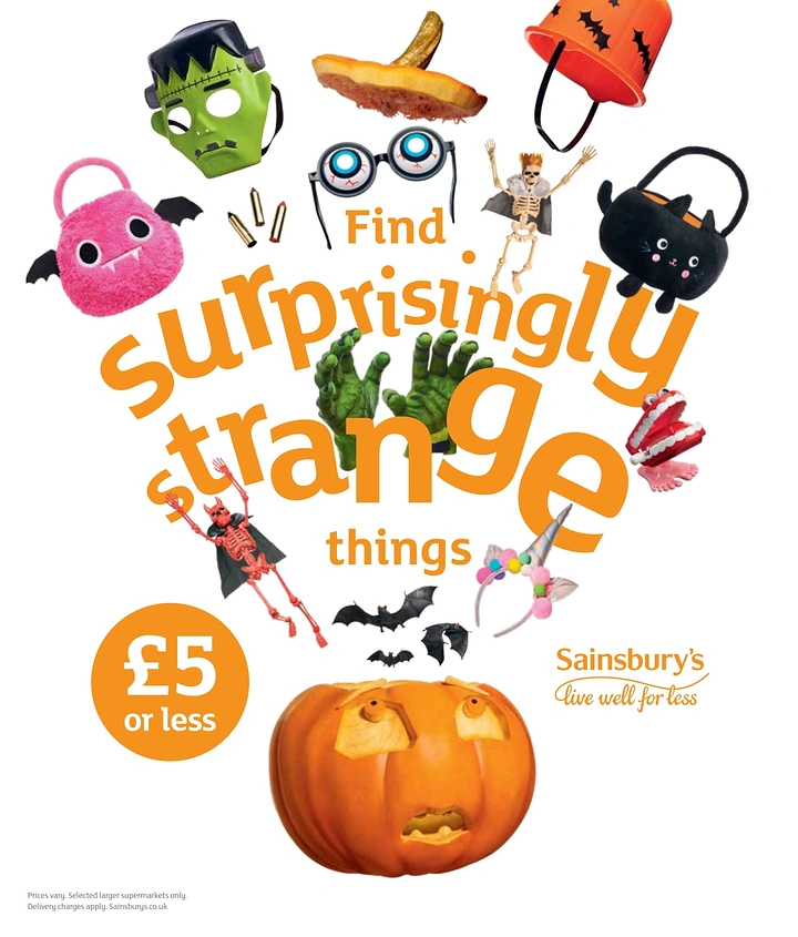 Halloween creative ad: Halloween products bursting upward from a carved pumpkin