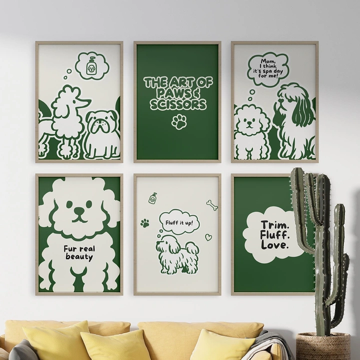 Pet Grooming creative ad: Line-art dogs with witty spa-day thought bubbles