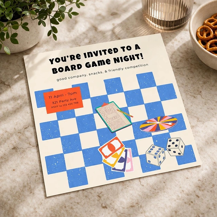 Board Games & Game Cafes creative ad: Invitation designed as game board