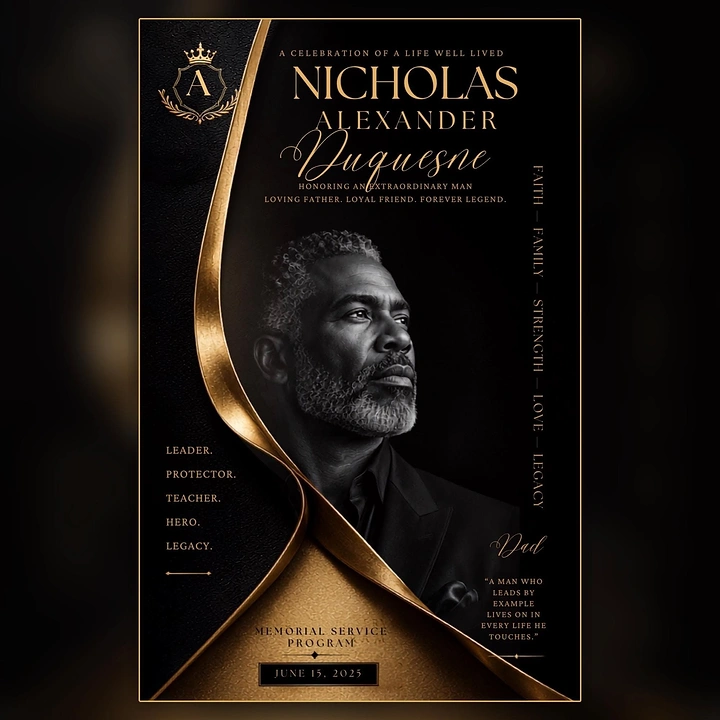 Events & Nightlife creative ad: Black-and-white portrait of a distinguished older man framed by a sculptural gold ribbon