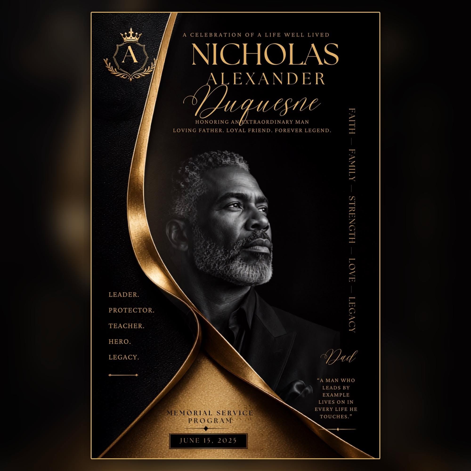 Poster: Black-and-white portrait of a distinguished older man framed by a sculptural gold ribbon
