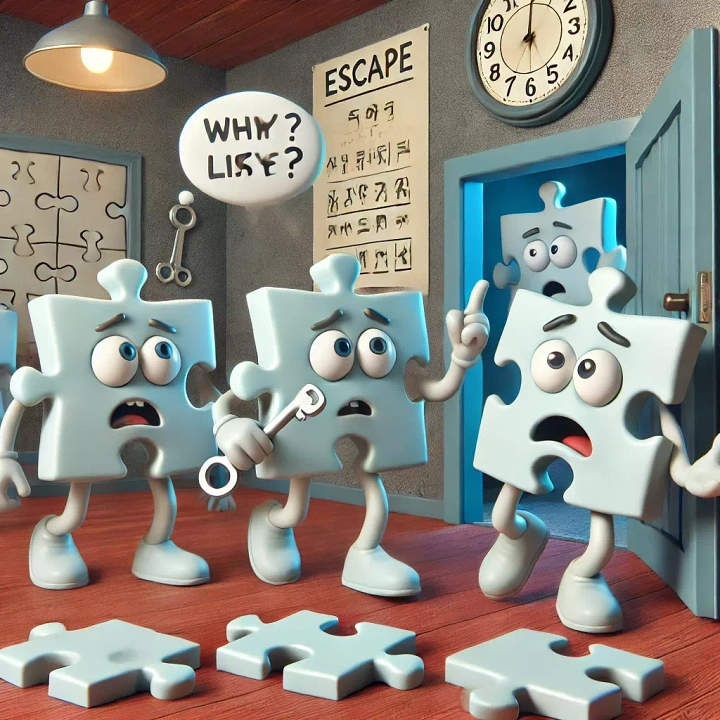 Escape Rooms creative ad: Personified puzzle pieces create playful metaphor