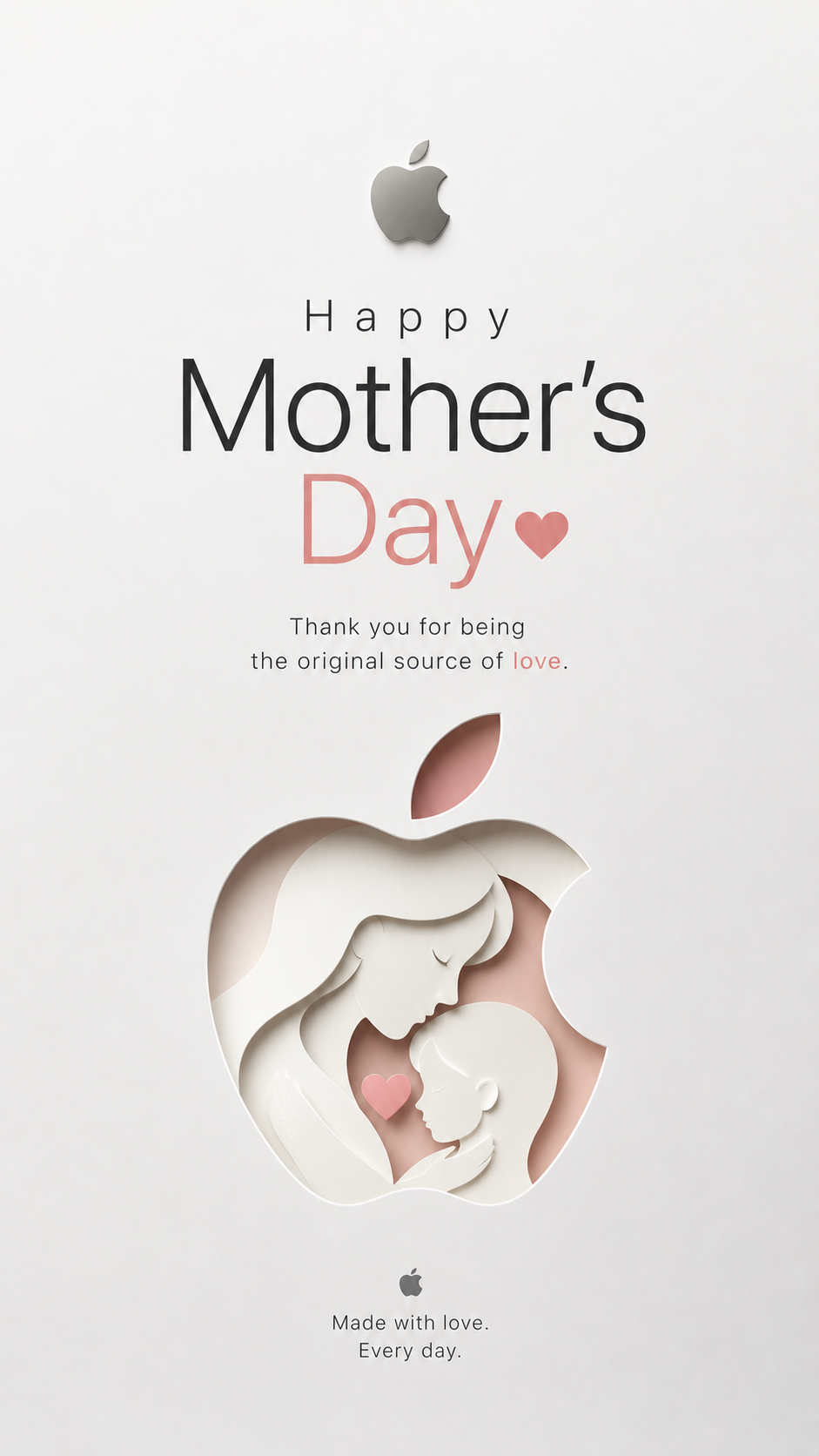 Layered paper-cut mother cradling child inside a logo-shaped cutout