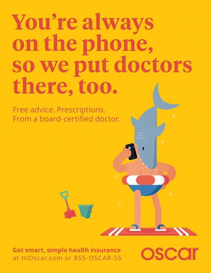 Insurance creative ad: Flat illustrated shark-headed beachgoer talking on a phone