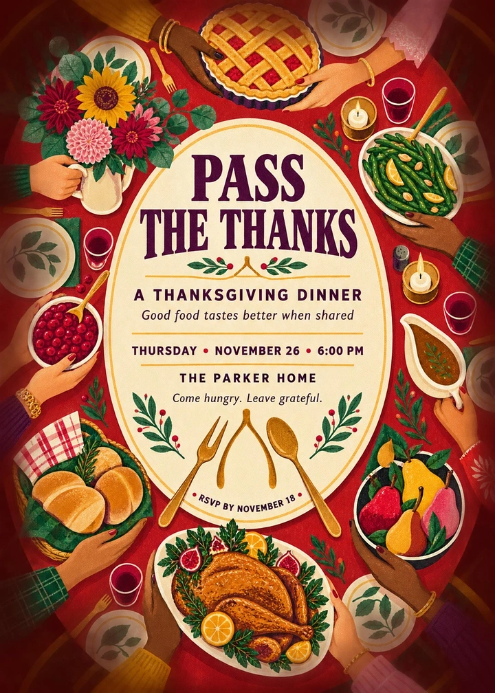 Thanksgiving creative ad: Overhead table with many hands passing dishes