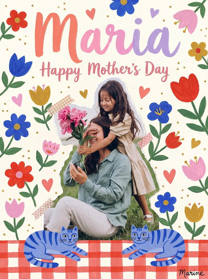 Mother's Day creative ad: Cut-out photo of a daughter covering her mother's eyes while holding peonies