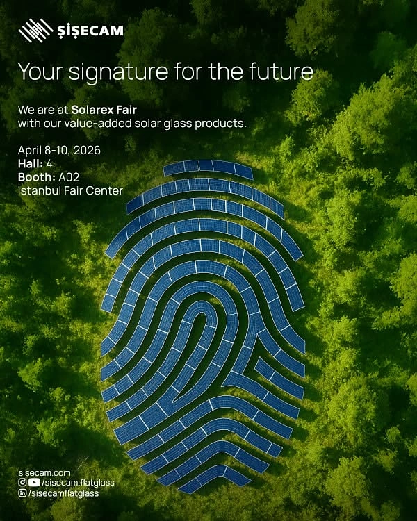 Construction creative ad: Aerial view of solar panel rows arranged into a fingerprint in a forest
