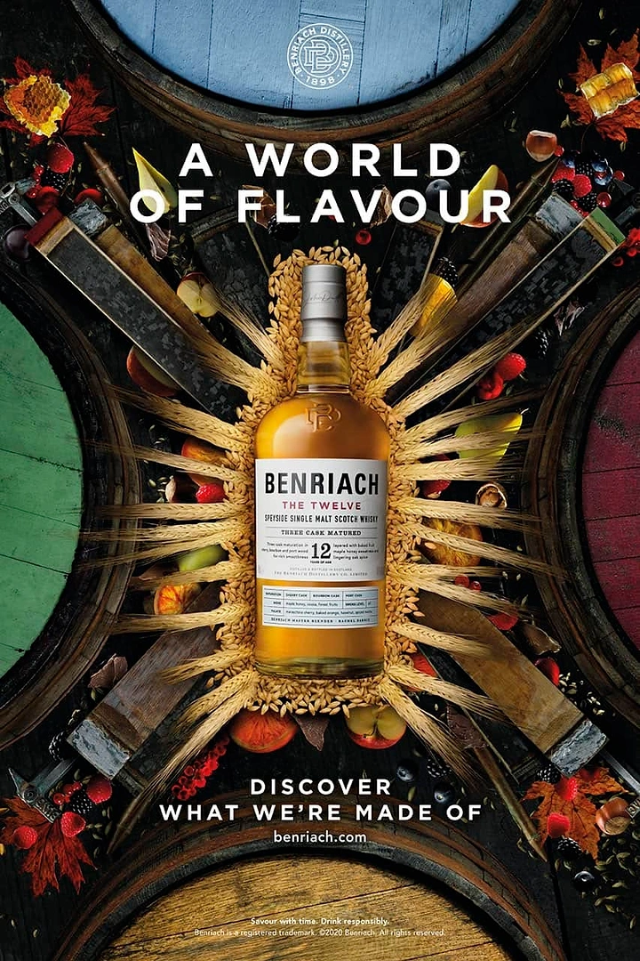 Creative ad: Single malt whisky bottle on radiating barley and wheat burst