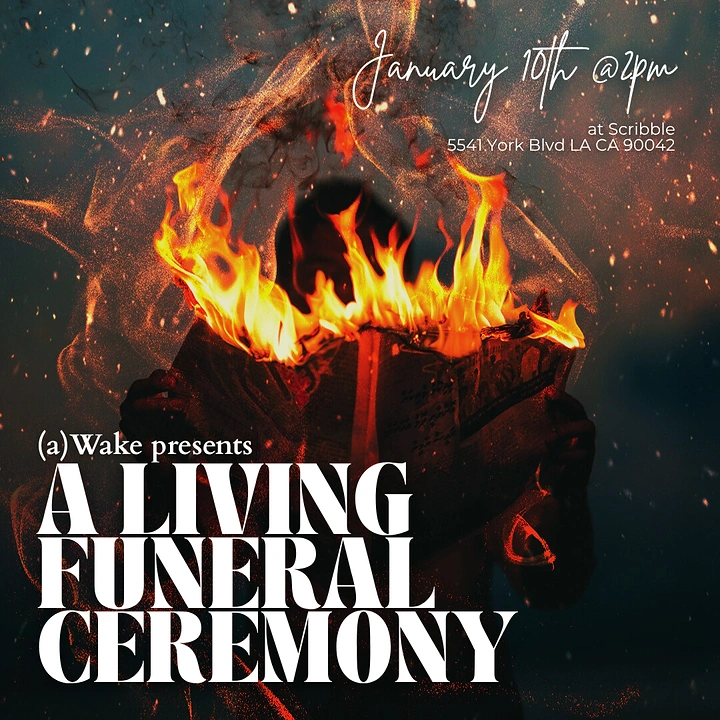 Funeral Services creative ad: Burning book, bold living-funeral event type