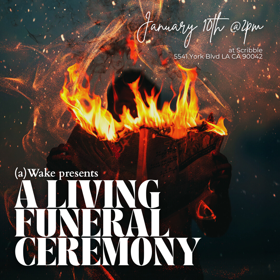 Instagram post: Burning book, bold living-funeral event type