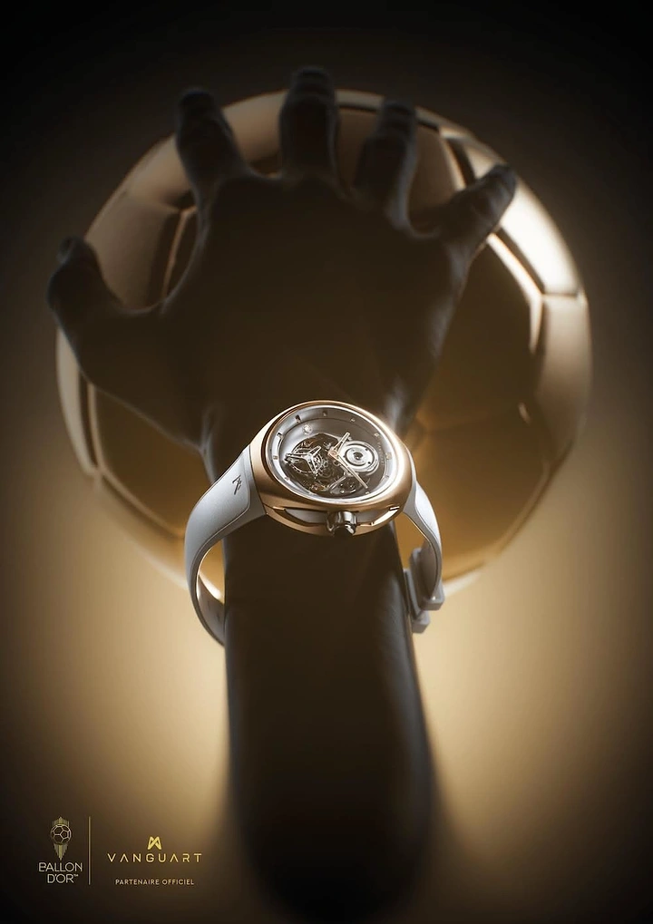 Creative ad: Dark hand reaching for glowing golden football, wearing rose-gold skeleton watch